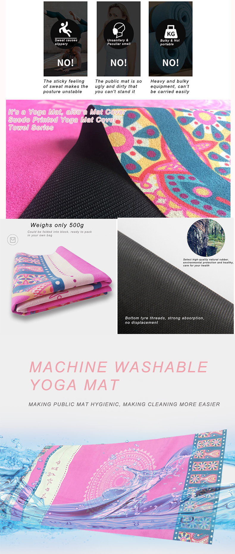 Custom printed travel eco natural rubber yoga mat foldable fabric suede microfiber yoga mat
